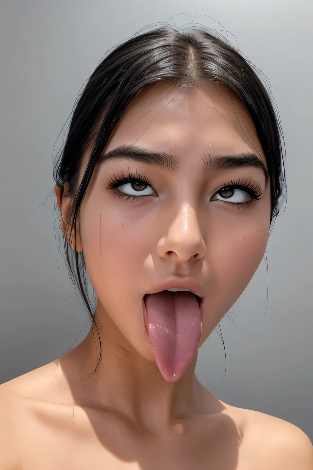 Emily Ratajkowski、High resolution realistic photos,8k,Realistic skin texture,to be born々New People々々,1 girl,Tabletop,,Awards - Winning Photos, Very detailed, Focus your eyes, Nose and mouth,Face Focus, Extreme close up of face、Woman with open mouth and closed eyes, Black camisole、20-year-old,Black-haired、Symmetrical face,Realistic nostrils、Angle from below、Elongated C-shaped nostrils,((Gray background))、Sweaty skin、Lighting that highlights glowing skin caused by sweat、((Sharp Nose))Skin shiny with sweat、Glowing Skin、Sweaty hair、sunlight、(Brow wrinkles)((Frowning))(cum on tongue)、Deep Kiss、((Thin eyebrows))(((Oily skin)))、Glowing Skin、double eyelid、Wet and shiny tongue、Tied Hair、updo、Lift your head,shout,(((drool dripping from the tongue,Saliva dripping from the tip of the tongue)))