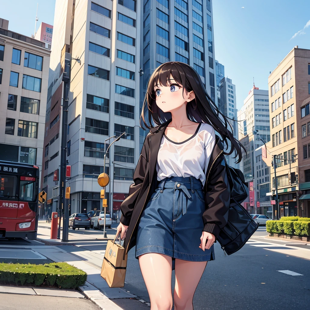 A beautiful girl dressed in casual clothes that adults would wear、Looking for a destination while looking at a map on a smartphone in the city。. Please take a picture of a beautiful woman walking while looking up at a building from an angle looking up at the sky..