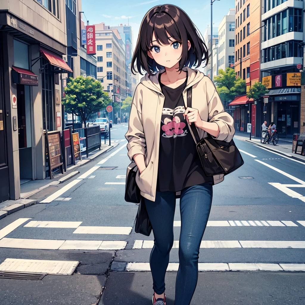 A beautiful girl dressed in casual clothes that adults would wear、Looking for a destination while looking at a map on a smartphone in the city。. Please take a picture of a beautiful woman walking while looking up at a building from an angle looking up at the sky..