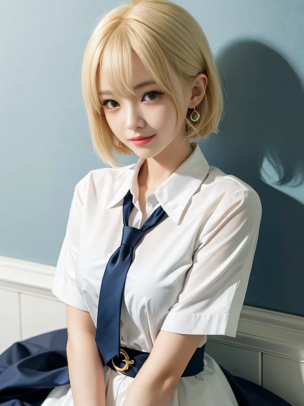 Highest quality、Figures、one person、Earrings、Cute Girls、sexly、Slender、Red tie、White shirt、sexly、Navy blue exy))、Very detailed、Fine details、Slim Body、Slender、Japanese Girls、High resolution、8k、wallpaper、Perfect dynamic composition、Beautiful fine details、Short Bob Cut、((Blonde Hair))、Big natural color lip、大胆なsexlyポーズ、smile、Cold Stare、17-year-old girl、Cute、Lolita、Good eyesight、whole body、Light blue wall、smile、