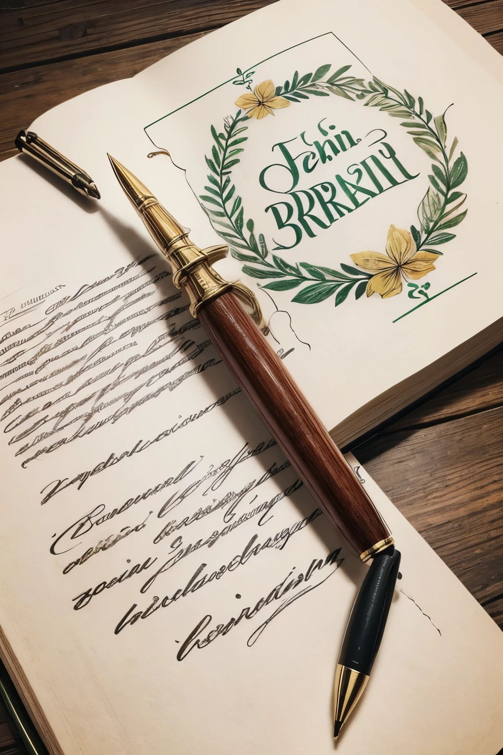 Create a logo for me that highlights the phrase Vrebum brasilis and the phrase Words of Brazil in Italian, Galician, French, Latin background faded with a colonization scene, pen and inkwell and old paper background.