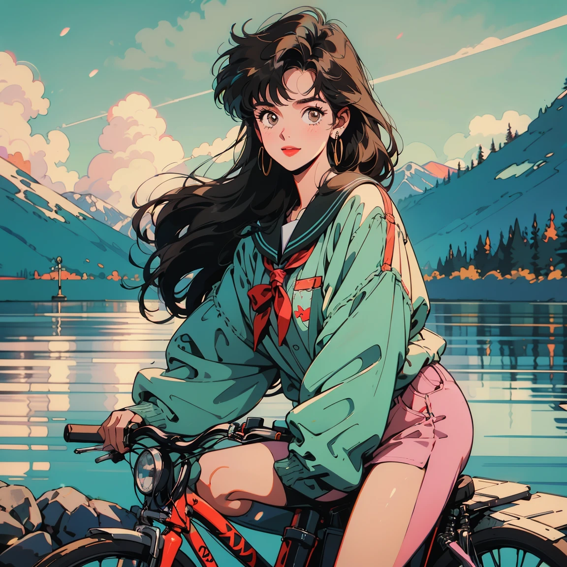 Best image quality, 1980s-style animation, Black Hair, Long Hair, Light brown eyes, Snow-white skin, Sailor suit,17 years old、Riding a bicycle、Two-seater、 whole body , A big smile, Very beautiful,cute, whole body 、Wearing earbuds