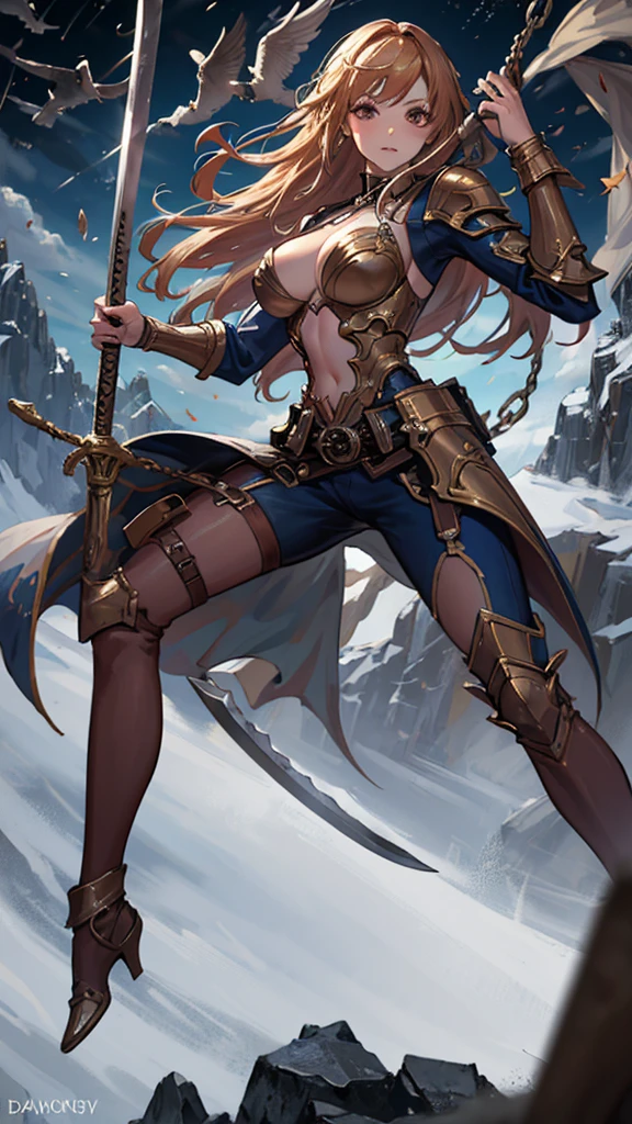 (masterpiece, 4K ,Super detailed:1.2), (anime:1), (Perfect quality), (Cold-hearted), (((Adult body))), ((Swinging a big sword, Combat Ready)), The whole body is shown, View Viewer, armor, commander, Combat Ready, Big body