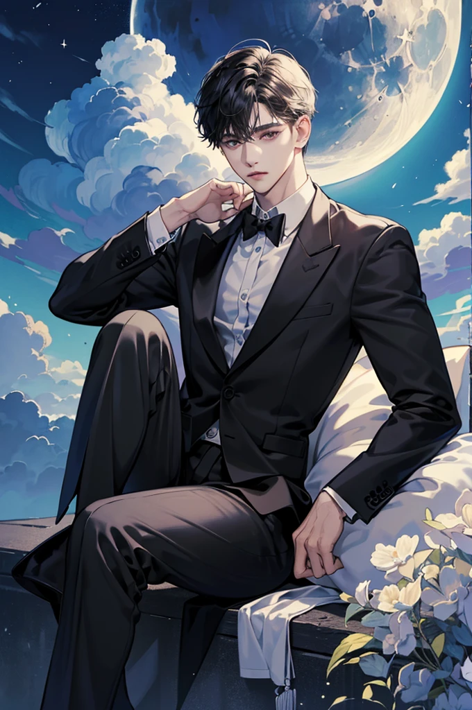 (best quality、8k,absurd,Top Rated,portrait,Short hair, 매우 Short hair,piercing、Beautiful Men、dark fantasy、Birthday background based on black、He is sitting in a suit with a white shirt and black jacket、moon, cloud