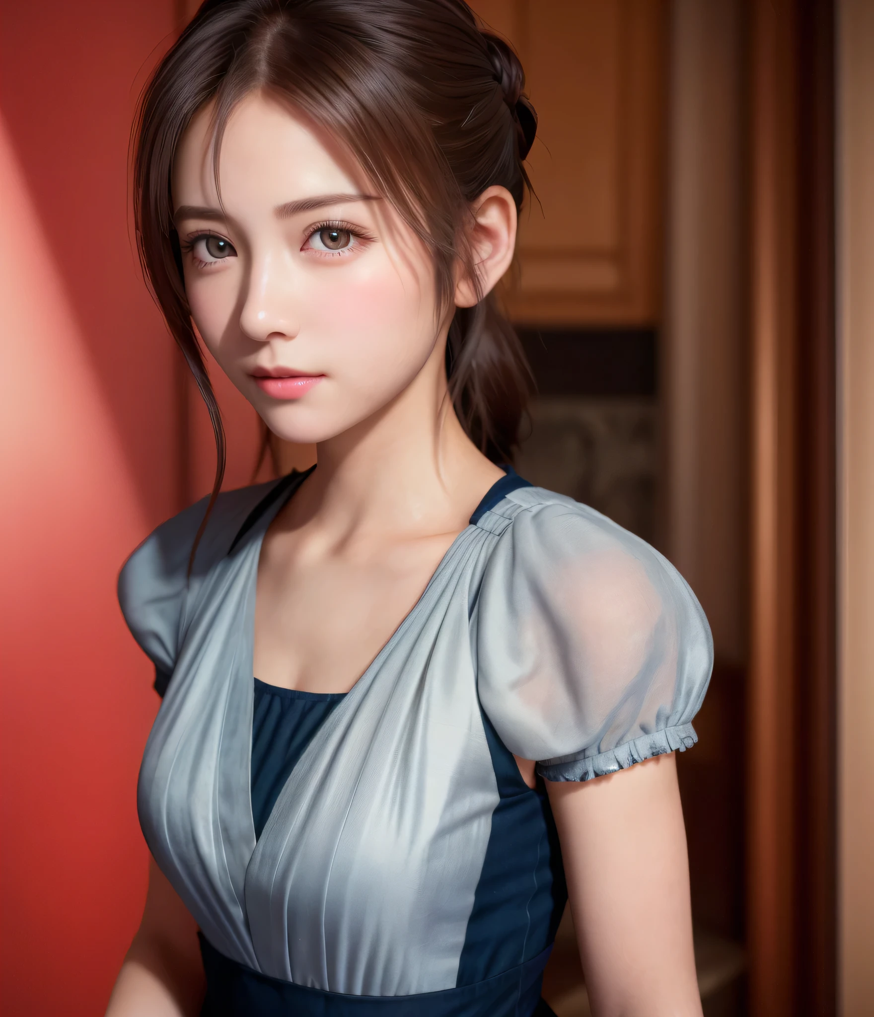 8K, of the highest quality, masutepiece:1.2), (Realistic, Photorealsitic:1.37), of the highest quality, masutepiece, Beautiful young woman, Pensive expression,、A charming、and an inviting look, Cute Maid Clothes, Hair tied back, Cinematic background, Light skin tone