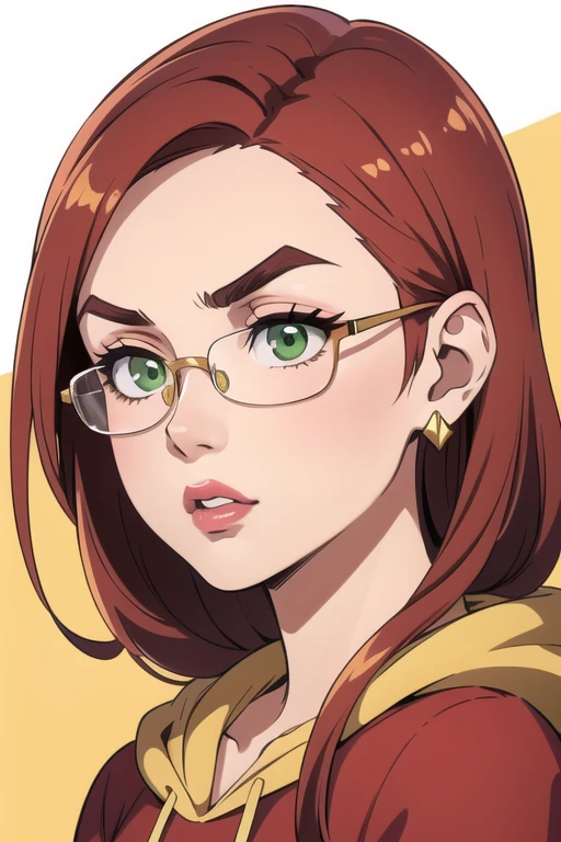 masterpiece, 30yo serious ginger girl looking away, redhead, detailed face, photography, hq, pink lips, round face, green eyes and marked eyebrows, thick gold square glasses, red long hair, golden earrings, small eye, round big face, caucasian, 1girl, hoodie, thin hair, big cheeks and small lips