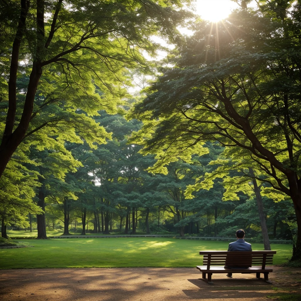 Summer early morning、In the slightly cool air、A person sitting on a wooden bench in the shade of a tree in a park has his eyes closed and a calm expression on his face。周囲には咲き誇るflower々、特にバラのflowerが豊かな香りを放っています。The sun is just beginning to rise、A soft, warm light spreads across the landscape。The lush green scenery of the park、flower々The vibrant colors of、And the tranquil atmosphere gives you a sense of calm and connection to nature.。People take a deep breath、I feel relaxed and light-hearted。