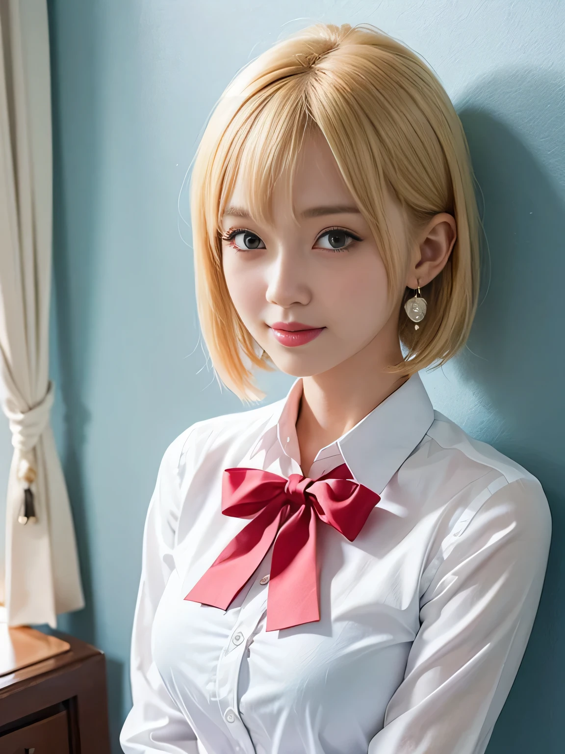 Highest quality、Figures、one person、Earrings、Cute Girls、sexly、Slender、Red tie、White shirt、sexly、Navy blue exy))、Very detailed、Fine details、Slim Body、Slender、Japanese Girls、High resolution、8k、wallpaper、Perfect dynamic composition、Beautiful fine details、Short Bob Cut、((Blonde Hair))、Big natural color lip、大胆なsexlyポーズ、smile、Cold Stare、17-year-old girl、Cute、Lolita、Good eyesight、whole body、Light blue wall、smile、