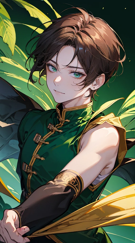 man、HD Anime, 4k anime wallpaper、Brown Hair、Shoulder-length hair、Green Eyes、tobacco、smile、Small earrings、Smiling is the key、Anime young man wearing swim trunkale