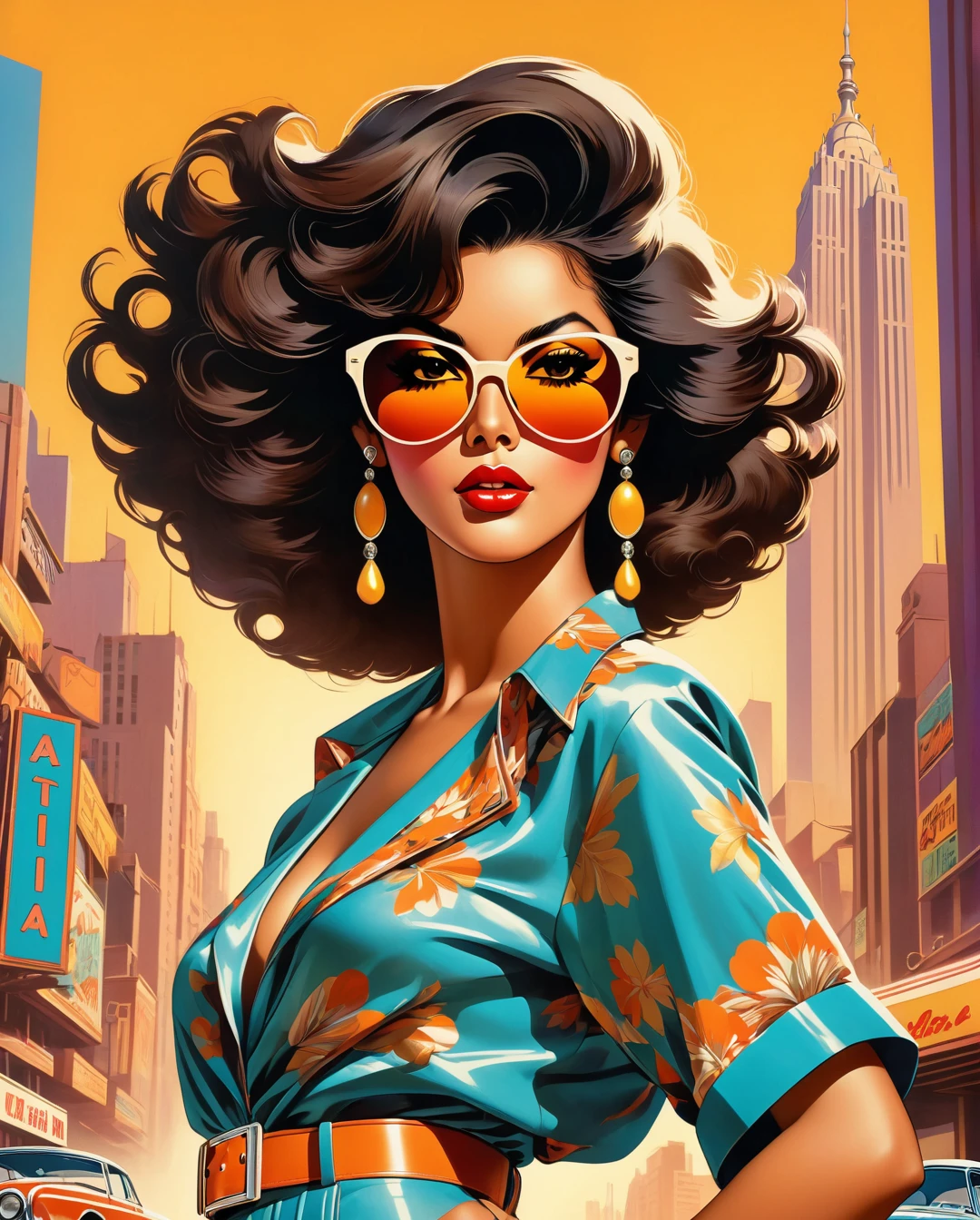 (80's, Retro, City Pop Poster:1.5), (Album cover), (masterpiece, Highest quality), (anime, figure), Best Photo Poses, Dynamic Angle, Cowboy Shot  ,  A Saudi Arabian woman, black hair, brown eyes, light brown tan skin, clad in vibrant 1980's fashion, stands against a backdrop dripping with retro aesthetic. Her outfit exudes bold colors and patterns typical of the era, while her accessories, from oversized sunglasses to chunky jewelry, scream vintage glamour. The image, perhaps a photograph, captures her in a pose that exudes confidence and style. Every detail, from the teased hair to the shoulder pads, is meticulously rendered, inviting the viewer to immerse themselves in the nostalgic allure of the bygone decade.