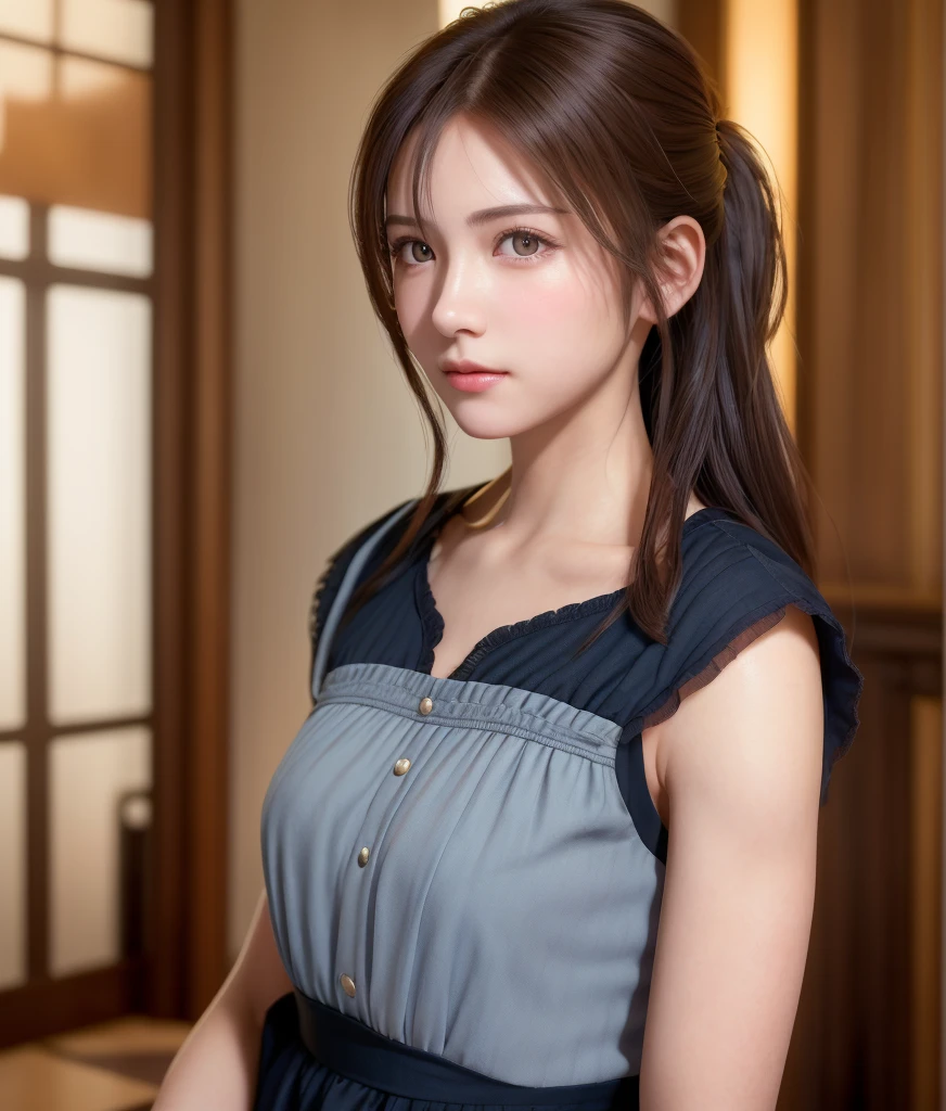 8K, of the highest quality, masutepiece:1.2), (Realistic, Photorealsitic:1.37), of the highest quality, masutepiece, Beautiful young woman, Pensive expression,、A charming、and an inviting look, Cute Maid Clothes, Hair tied back, Cinematic background, Light skin tone