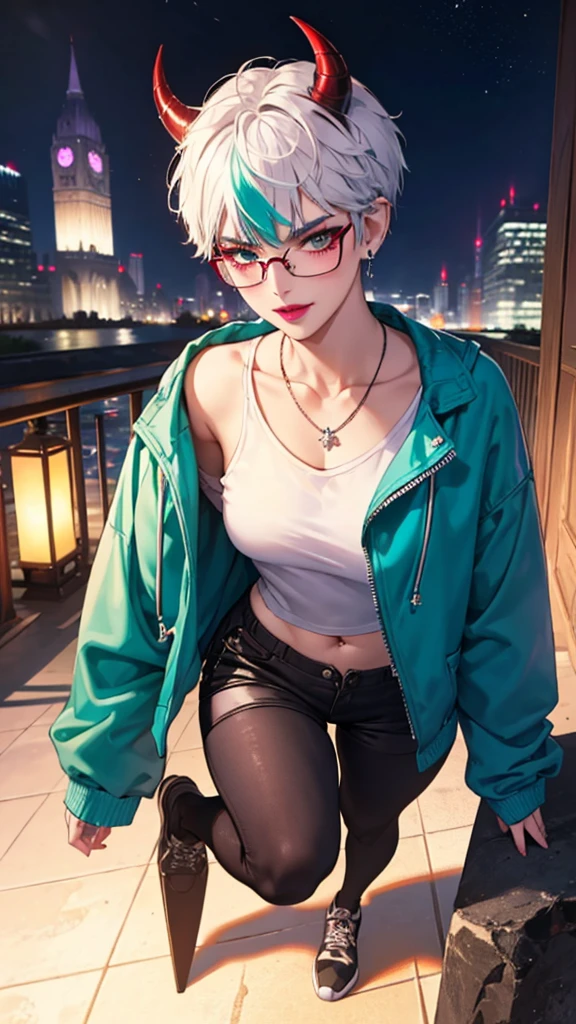 8k, masterpiece, best quality, highly detailed, 1 girl, tiefling, warlock, pixie cut, multicolored hair, very short straight hair green highlight hair on white hair, strippled hair, wearing glasses, round glasses, sexy, earrings, navel piercing, red eyeshadow, long eyelashes, blushed cheek, red lips, necklace, rings, collarbone, mole on face, glamorous, wearing large jacket, teal clothing, purple clothes, smirk, fullbody view, rings, looking at viewer, demon horns, solo, city, nighttime, sitting, white shirt, sneakers,, short pants, black legging.