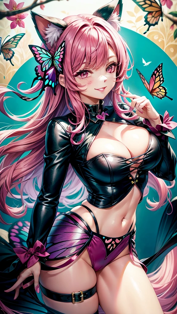 Magenta hair, hazel eyes, older woman, hair bows, cat ears, long hair, smiling face, sexy outfit, butterflies, teal and gold outfit, butterfly background