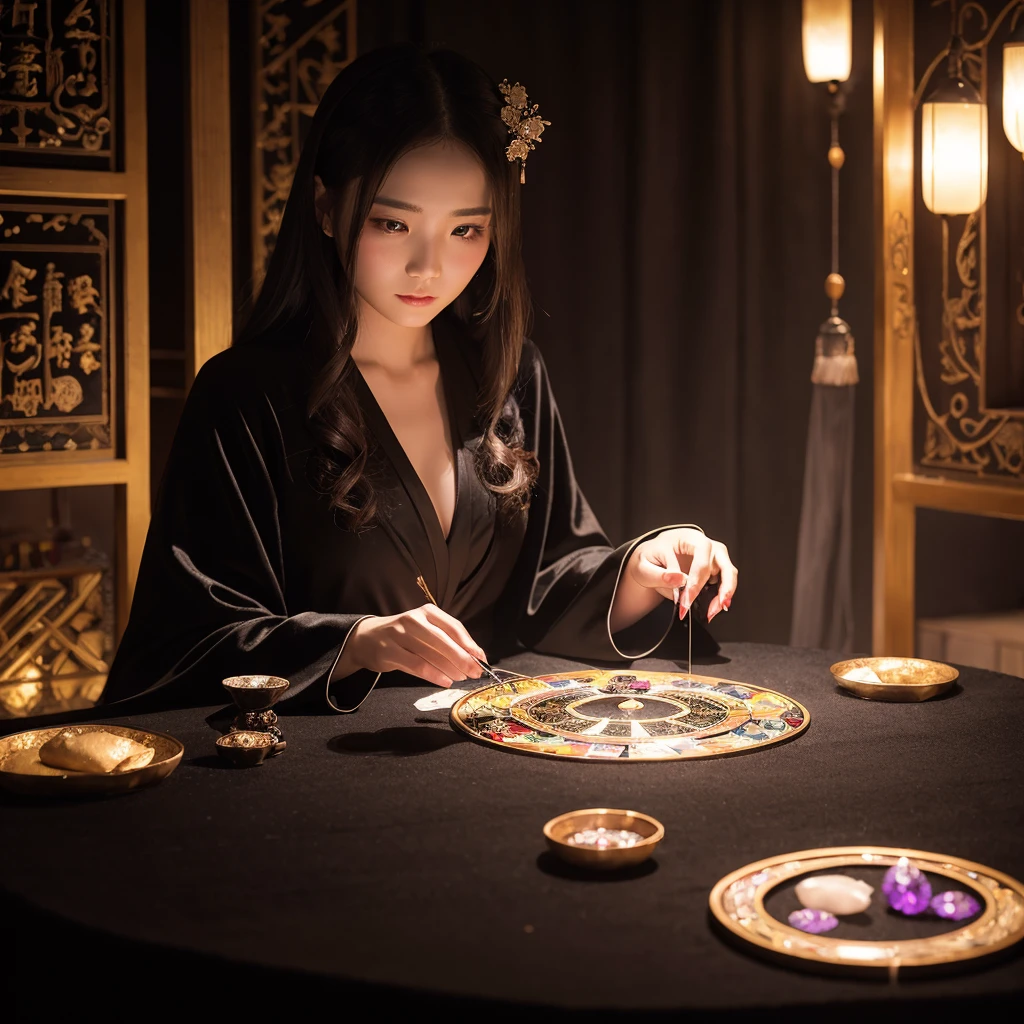 Beautiful woman wearing a black robe、round transparent crystal、Fortune telling