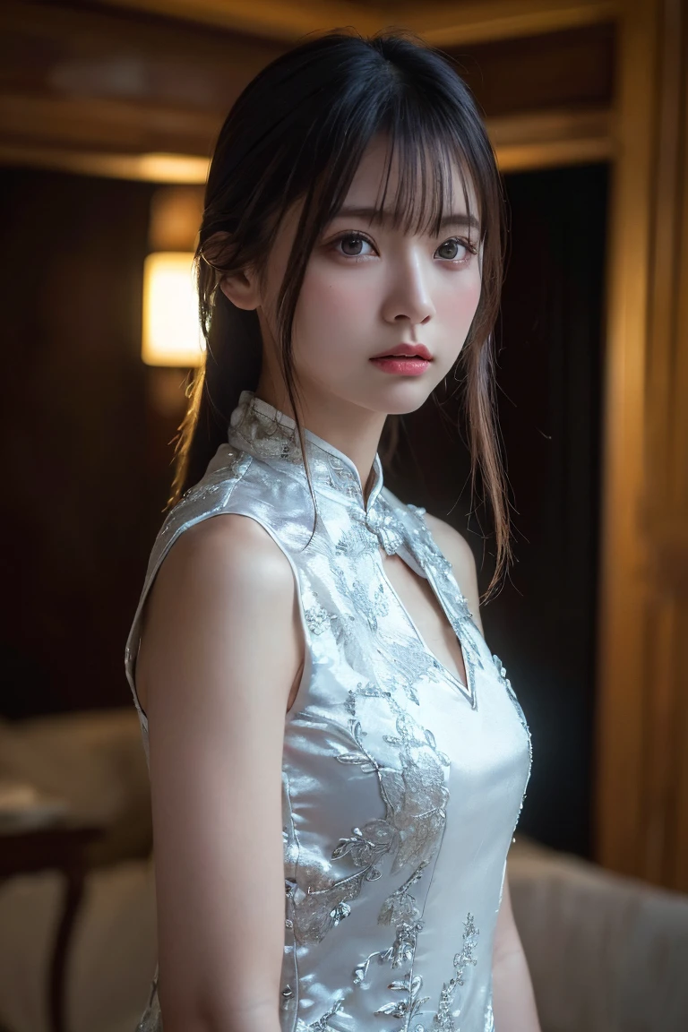(Highest quality:1.4),(masterpiece:1.4),(Realistic:1.4),(Realistic:1.2),(超High resolution, RAW Photos:1.4),(High resolution, Very detailed:1.2),(8k:1.2),Movie Photos,a photo of a dark-haired,One Girl,alone,wear ,((China dress))、((Upper Body:1.3))