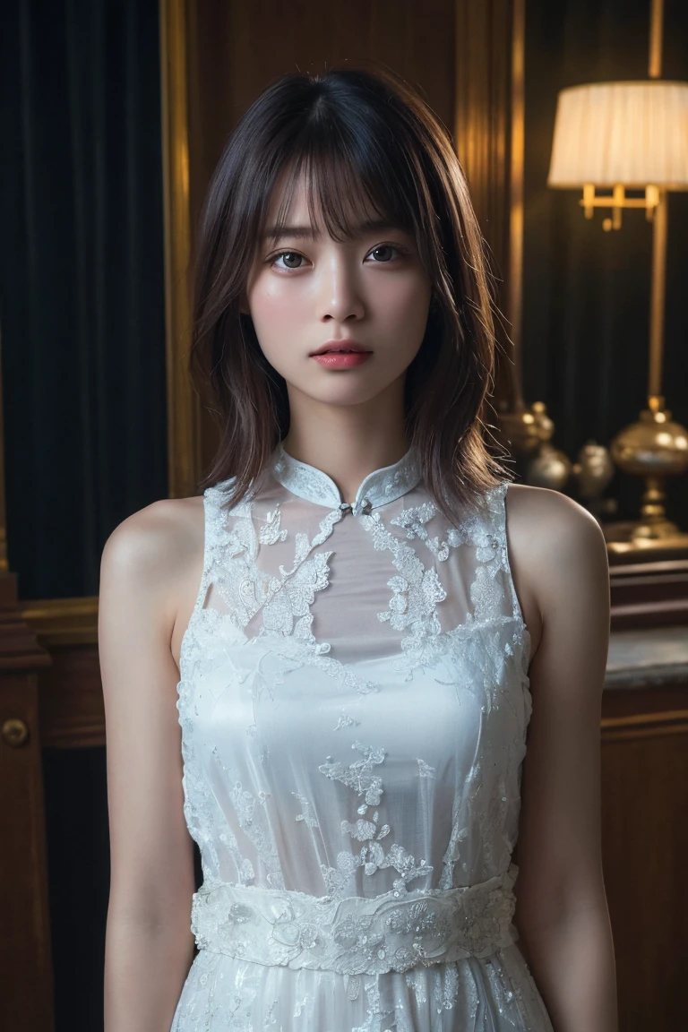 (Highest quality:1.4),(masterpiece:1.4),(Realistic:1.4),(Realistic:1.2),(超High resolution, RAW Photos:1.4),(High resolution, Very detailed:1.2),(8k:1.2),Movie Photos,a photo of a dark-haired,One Girl,alone,wear ,((China dress))、((Upper Body:1.3))