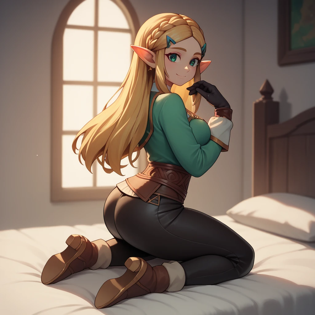 High resolution, Very detailed, perfect lighting, beautiful detailed eyes,   ((masterpiece,Best Quality)), absurdities, alone,     princess zelda, by the width, crown braid, Hair clip, pointy ears, Green shirt, long sleeves, Gloves without fingers, black gloves, Brown leather pants, tight pants, smile, curves, nod,  kneeling on top of a bed, showing off her butt