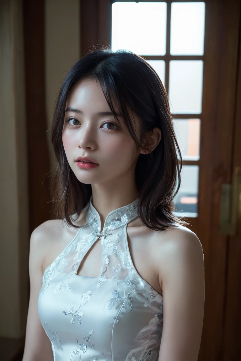 (Highest quality:1.4),(masterpiece:1.4),(Realistic:1.4),(Realistic:1.2),(超High resolution, RAW Photos:1.4),(High resolution, Very detailed:1.2),(8k:1.2),Movie Photos,a photo of a dark-haired,One Girl,alone,wear ,((China dress))、((Upper Body:1.3))