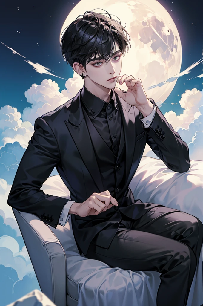 (best quality、8k,absurd,Top Rated,portrait,Short hair, 매우 Short hair,piercing、Beautiful Men、dark fantasy、Birthday background based on black、He is sitting in a suit with a white shirt and black jacket、moon, cloud