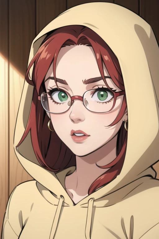 masterpiece, 30yo ginger girl looking away, redhead, detailed face, photography, hq, pink lips, round face, green eyes and marked eyebrows, thick gold square glasses, red long hair, golden earrings, small eye, round big face, caucasian, 1girl, hoodie, thin hair, big cheeks and small lips