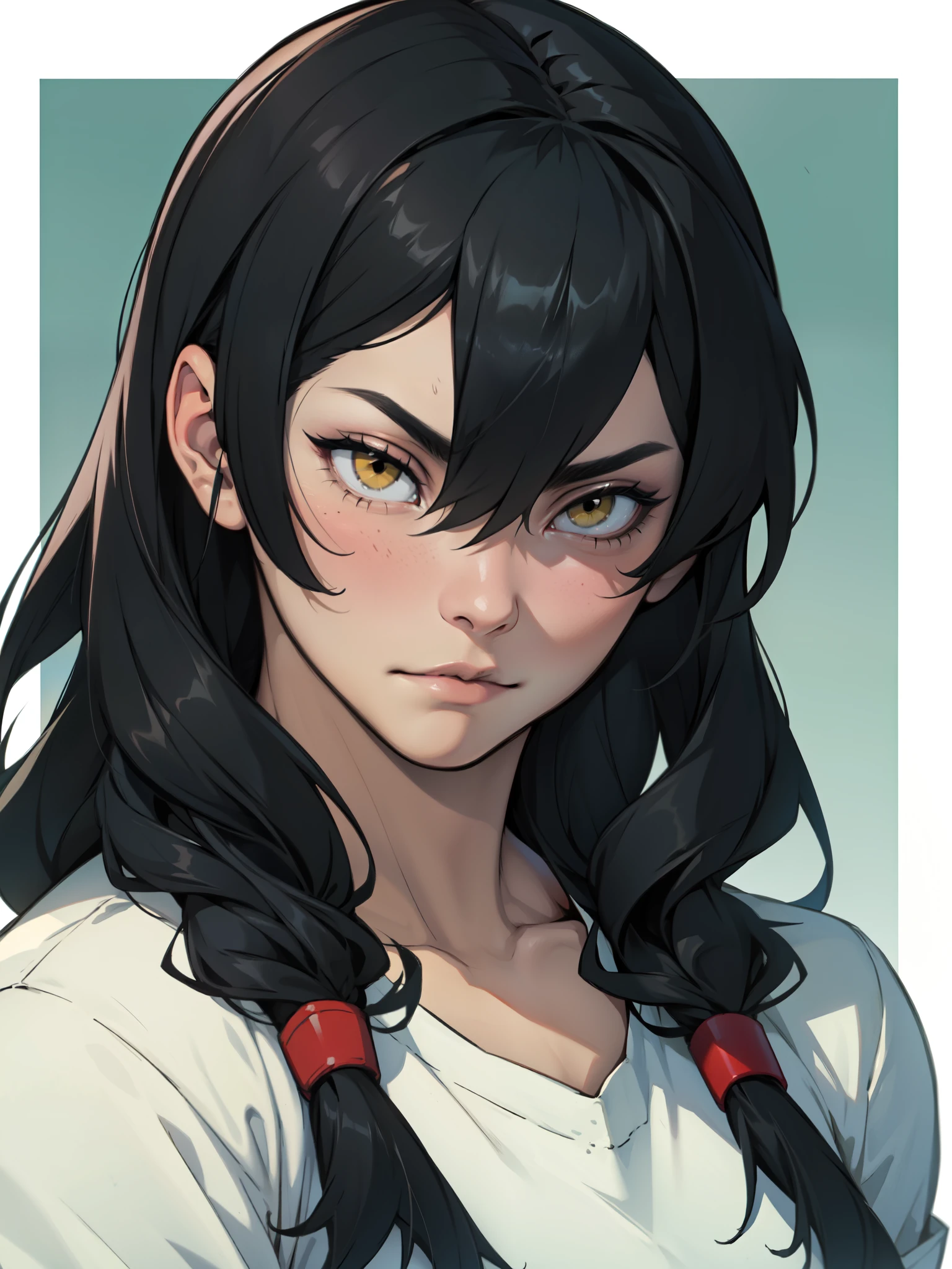 empty eyes embarrassed girl black hair yellow eyes pale skin muscular girl