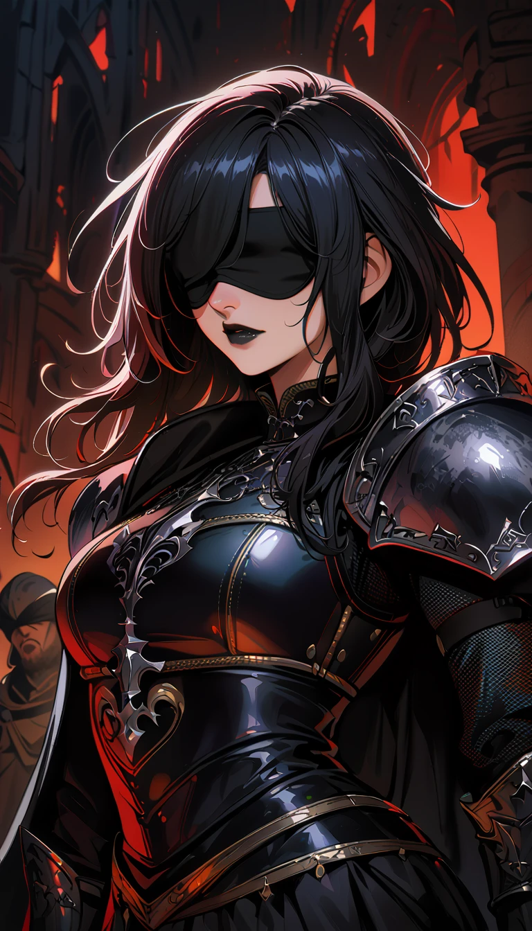 (high quality, 8k, 4K, high contrast, artwork:1.2, high quality, best aesthetics), (centered), ((1 woman)), mature body, super detailed, beautiful face detailed, detailed beautiful mouth, (long wavy black hair), (both eyes blindfolded), (blindfolded), (black blindfold), (serious expression), (black lipstick), (front view), (standing), (black medieval armor), (shoulder pads), (long black cape), (medieval knight)