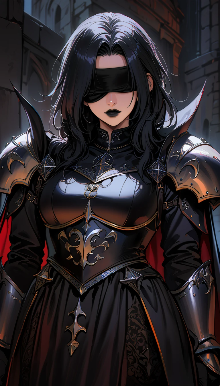 (high quality, 8k, 4K, high contrast, artwork:1.2, high quality, best aesthetics), (centered), ((1 woman)), mature body, super detailed, beautiful face detailed, detailed beautiful mouth, (long wavy black hair), (both eyes blindfolded), (blindfolded), (black blindfold), (serious expression), (black lipstick), (front view), (standing), (black medieval armor), (shoulder pads), (long black cape), (medieval knight)