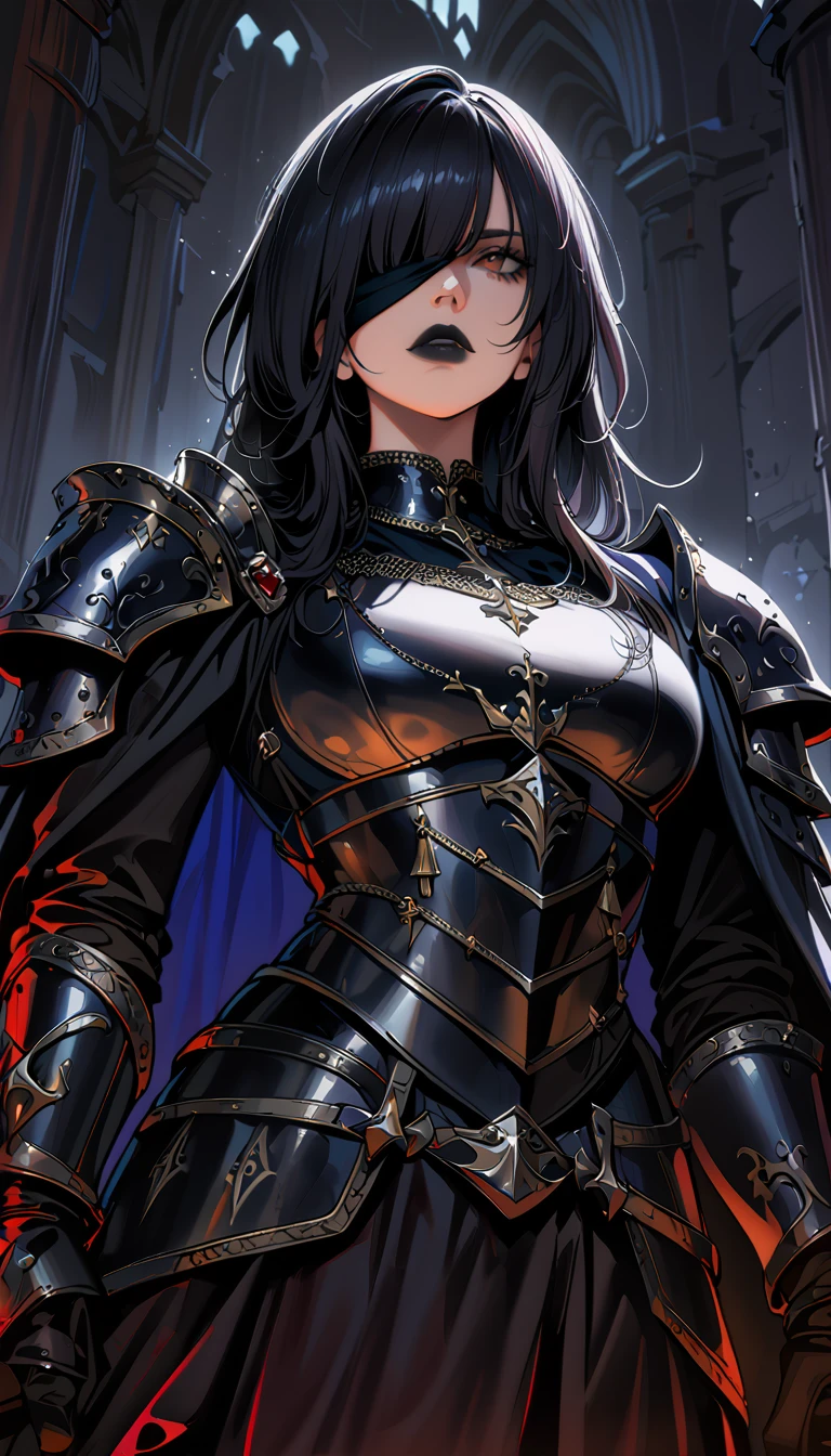 (high quality, 8k, 4K, high contrast, artwork:1.2, high quality, best aesthetics), (centered), ((1 woman)), mature body, super detailed, beautiful face detailed, detailed beautiful mouth, (long wavy black hair), (both eyes blindfolded), (blindfolded), (black blindfold), (serious expression), (black lipstick), (front view), (standing), (black medieval armor), (shoulder pads), (long black cape), (medieval knight)