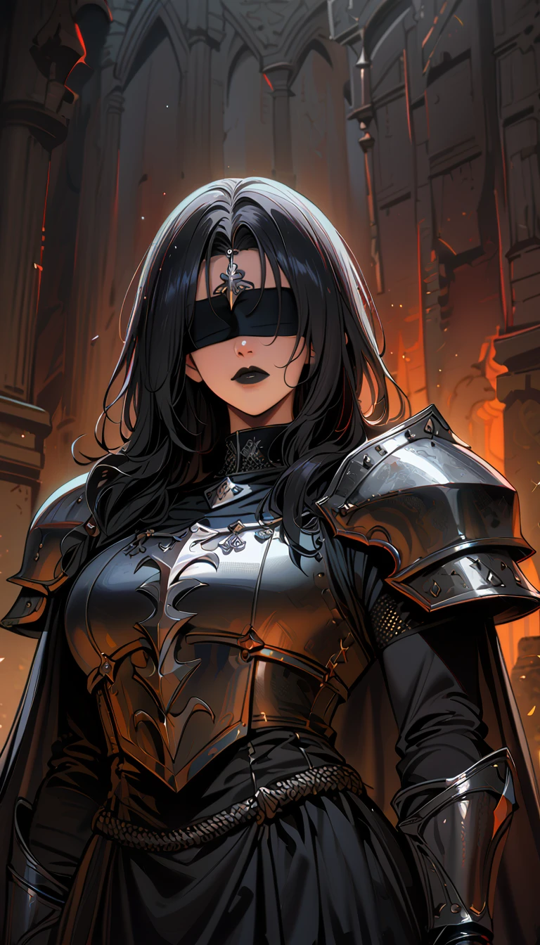 (high quality, 8k, 4K, high contrast, artwork:1.2, high quality, best aesthetics), (centered), ((1 woman)), mature body, super detailed, beautiful face detailed, detailed beautiful mouth, (long wavy black hair), (both eyes blindfolded), (blindfolded), (black blindfold), (serious expression), (black lipstick), (front view), (standing), (black medieval armor), (shoulder pads), (long black cape), (medieval knight)
