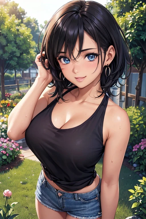 #Basics A girl is posing for a photo, animeのかわいい***,  ((One Girl)), (((Baby Face:1.2)) + ((cute:1.3))), 
break 

#Clothing Accessories 
((mini denim shorts)) + ((A black T-shirt tied under the chest)) + belly button + Black sneakers, 
(Gold hoop earrings), (Fancy Necklace), (Black nail polish), (Cleavage), 
break 

#Features 
(((Matte blue hair)), (mid twin tail : Short Hair + Fuller Hair + Voluminous Hair + Hair curled outside + Tied up with a red string ribbon)), 
((Droopy eyes:1.4, Big eyes:1.2), blue eyes), (Small breasts),  
break 

#background environment 
((noon + garden + grass, Promenade)), 
#Facial Expression Pose  
((smile:1.5)), ((hand in own hair, Dynamic Pose)), (Sweat), 
#composition 
((Face the camera, (Focus from the front), Cowboy Shot)), 
break 

#Body parts elements 
(Slim figure), 
(Detailed Hair, Beautiful Hair, Shiny Hair), 
(double eyelid, Long eyelashes), 
(Expression of fine eyes, Beautiful and delicate eyes, Sparkling eyes, Eye Reflexes, Glitter Eyeliner), 
(Human Ear), 
(Beautiful Nose, Thin Nose), 
(Glossy Lips, Beautiful Lips, Thick lips), (Symmetrical facial features), 
(Detailed skin, Textured skin, Beautiful Skin, Oily skin), 
break 

#Quality Image Quality Common 
(((Highest quality)), ((masterpiece)), ((Very detailed))), ((Ultra-high resolution)), ((16K, 1080P)), ((FHD)), 
(Anatomically correct), (Realistic), (3DCG), (oil), 
#Quality image illustration 
((comics, anime)), CG illustration,
