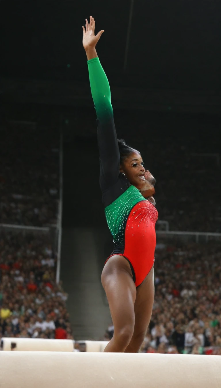 create an image of Simone Biles competing in artistic gymnastics in a world sports Olympic stadium, dressed in a black red and green gymnast uniform with a determined countenance, In the stands, a crowd of Africans cheers for her,