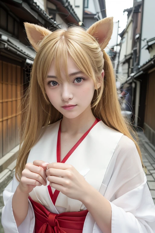 ((Beautiful blonde hair))、((Beautiful blonde))、Small fox ears、one girl, (a beauty girl, delicate girl:1.3), (, change:1.3), break,((Shrine maiden costume)),(Brown fox ears) break, Definition of Very Fine Particles, (Symmetrical eyes:1.3), break, (alley, Kyoto:1.3), perfectly trimmed fingers, break, ((Beautiful medium milk)), Brown eyes, Parted bangs, Brown Hair, girl, break, (Eye and facial details:1.0), break, (masterpiece, Highest quality, Very detailed, Detailed face, 8k)