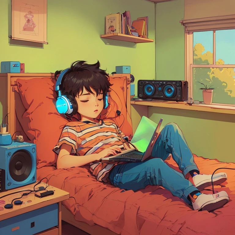 drawing of a boy lying on a bed with headphones and a laptop, praise artstyle, praise art, praise portrait, praise girl, lo-fi illustration style, praise colors, relaxe, praise vibe, praise, praise vibes, vibrating with music, praise album art, praise feel, lo-fi art