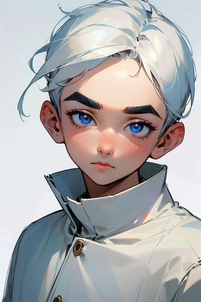 A young boy full white his eyes,eyebrows and face all full white long eyebrows very realistic he is looking down to left only we can see his half face