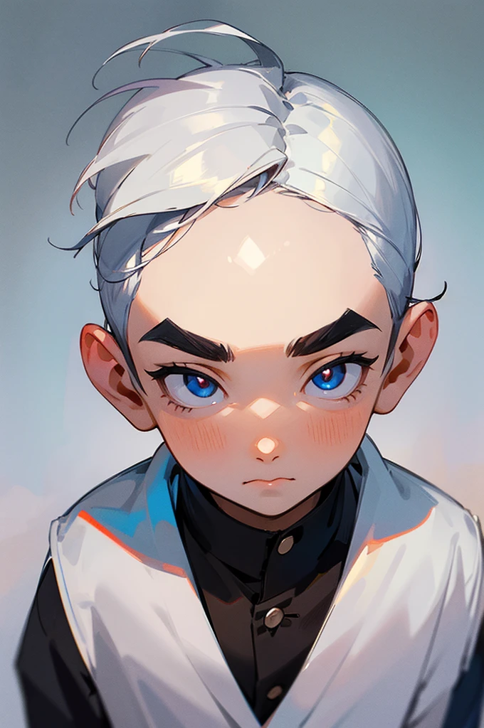 A young boy full white his eyes,eyebrows and face all full white long eyebrows very realistic he is looking down to left only we can see his half face