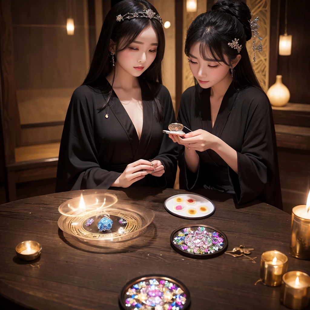 Beautiful woman wearing a black robe、Fortune telling with round, transparent crystals