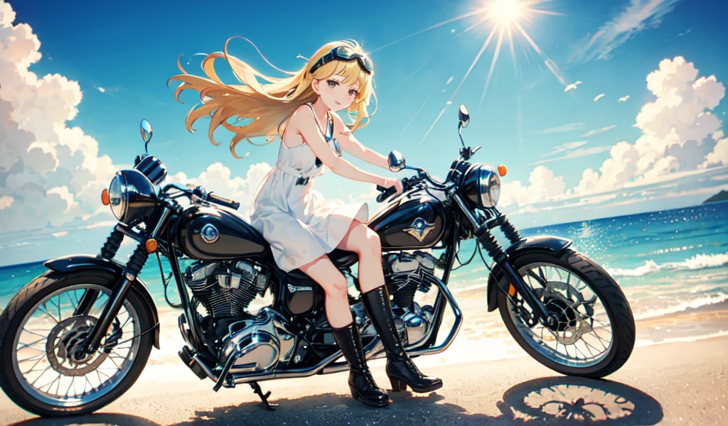 (Ride a classic motorcycle )、(Goggles and helmet)、 summer, Wind, scratch, sun,, Perfect face and blonde hair、Wearing a light summer dress、Delicate beauty in black boots、