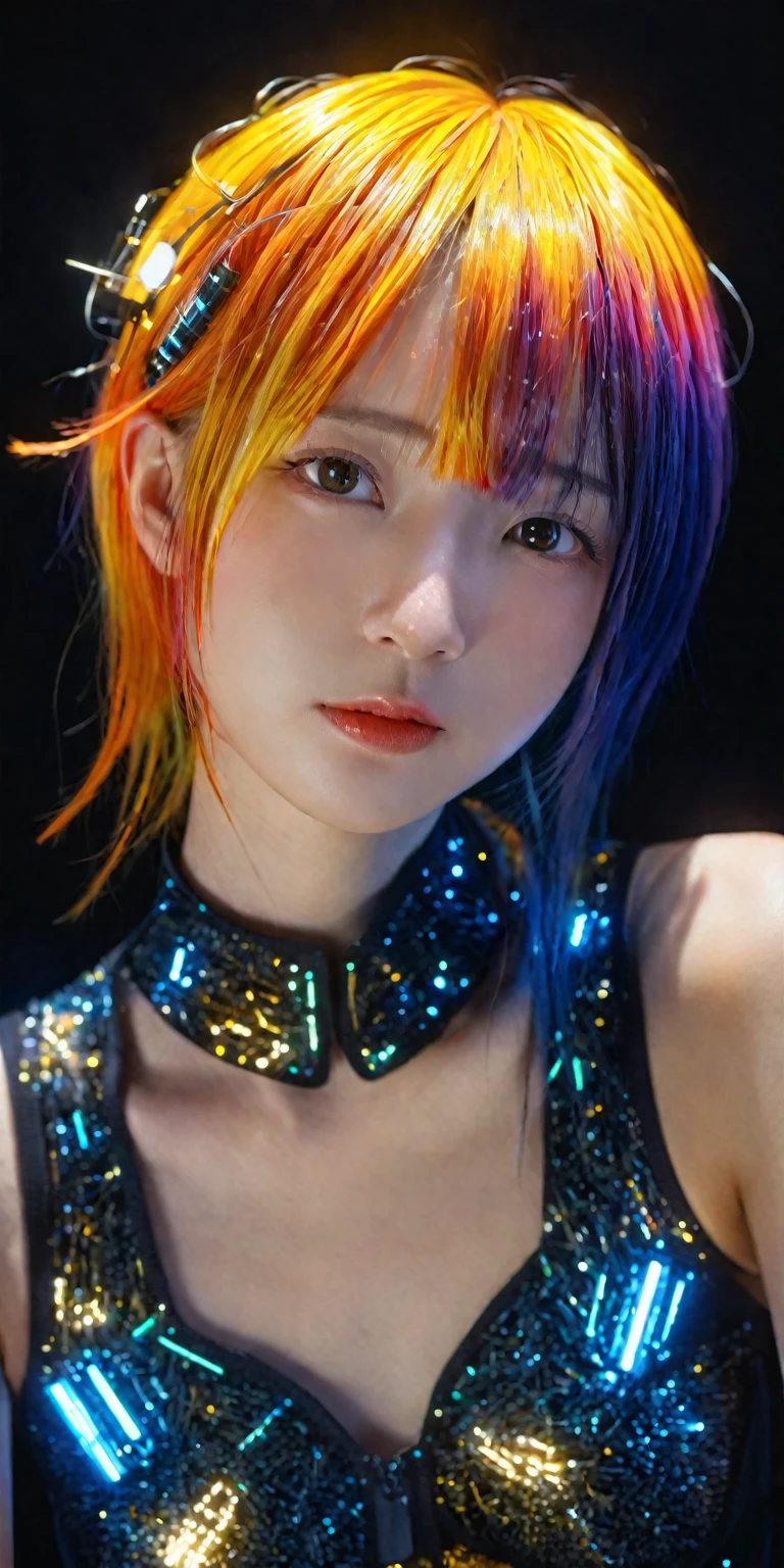 full body, Intricate painting of an exploded female bust made from circuit boards, Winner of the Behance competition, vanity, angle, gold medal_flash, Luminous lines, Dark background, (best quality,4k,8k,highres,masterpiece:1.2), ultra-detailed, (realistic,photorealistic,photo-realistic:1.37), HDR, UHD, studio lighting, ultra-fine painting, sharp focus, physically-based rendering, extreme detail description, professional, vivid colors, bokeh, portraits, landscape, horror, anime, sci-fi, photography, concept artists, vibrant color palette, surreal lighting.