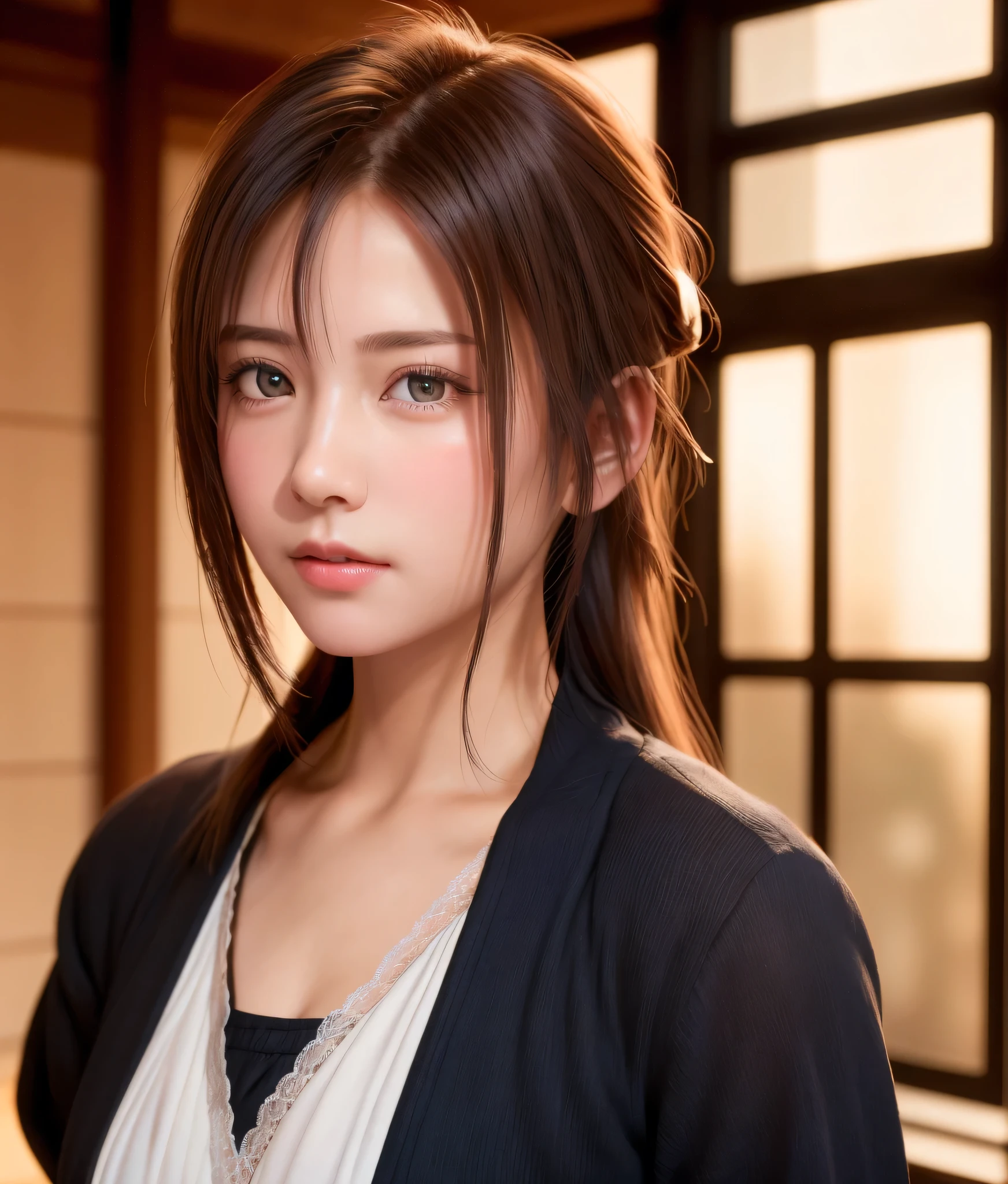 8K, of the highest quality, masutepiece:1.2), (Realistic, Photorealsitic:1.37), of the highest quality, masutepiece, Beautiful young woman, Pensive expression,、A charming、and an inviting look, Cute Maid Clothes, Hair tied back, Cinematic background, Light skin tone