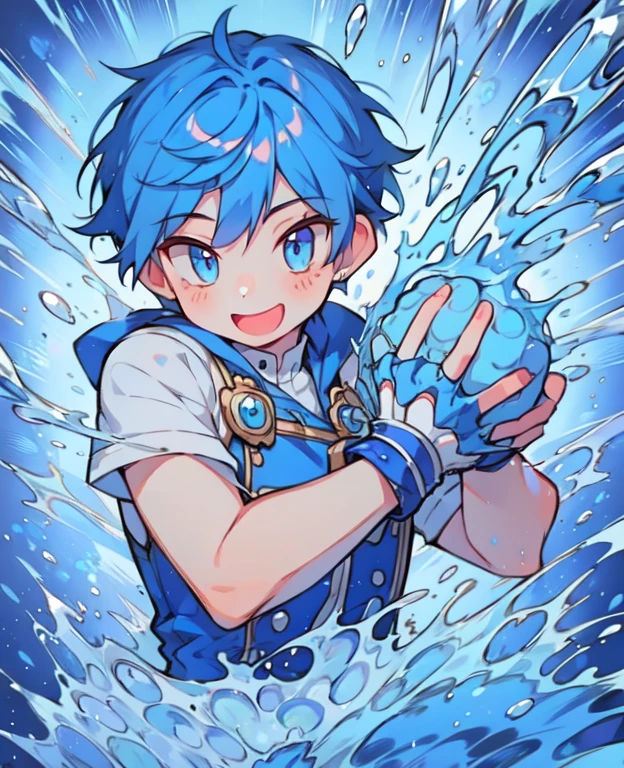 One boy, Blue Hair, blue eyes ,Cute Smile, , splash background , Big smile , ice powers