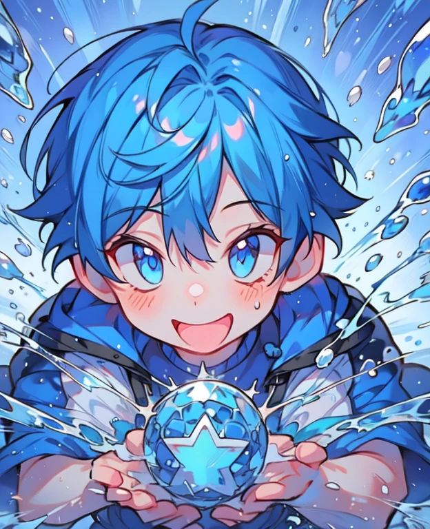 One boy, Blue Hair, blue eyes ,Cute Smile, , splash background , Big smile , ice powers
