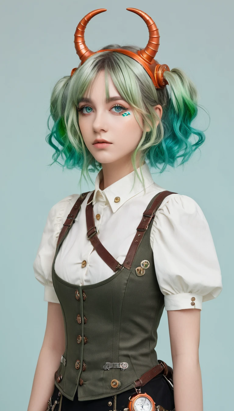 ((live 2D))  masterpiece, 1girl, full body, stands straight, steampunk clothes, military clothing, looking at viewer, detailed face, girl with green wavy hair, bangs, metal sheep horns, gradient hair, multicolored hair, light green hair, turquoise hair tips, wavy hair, gradient eyes, orange eyes, (simple background, white background: 1.3)