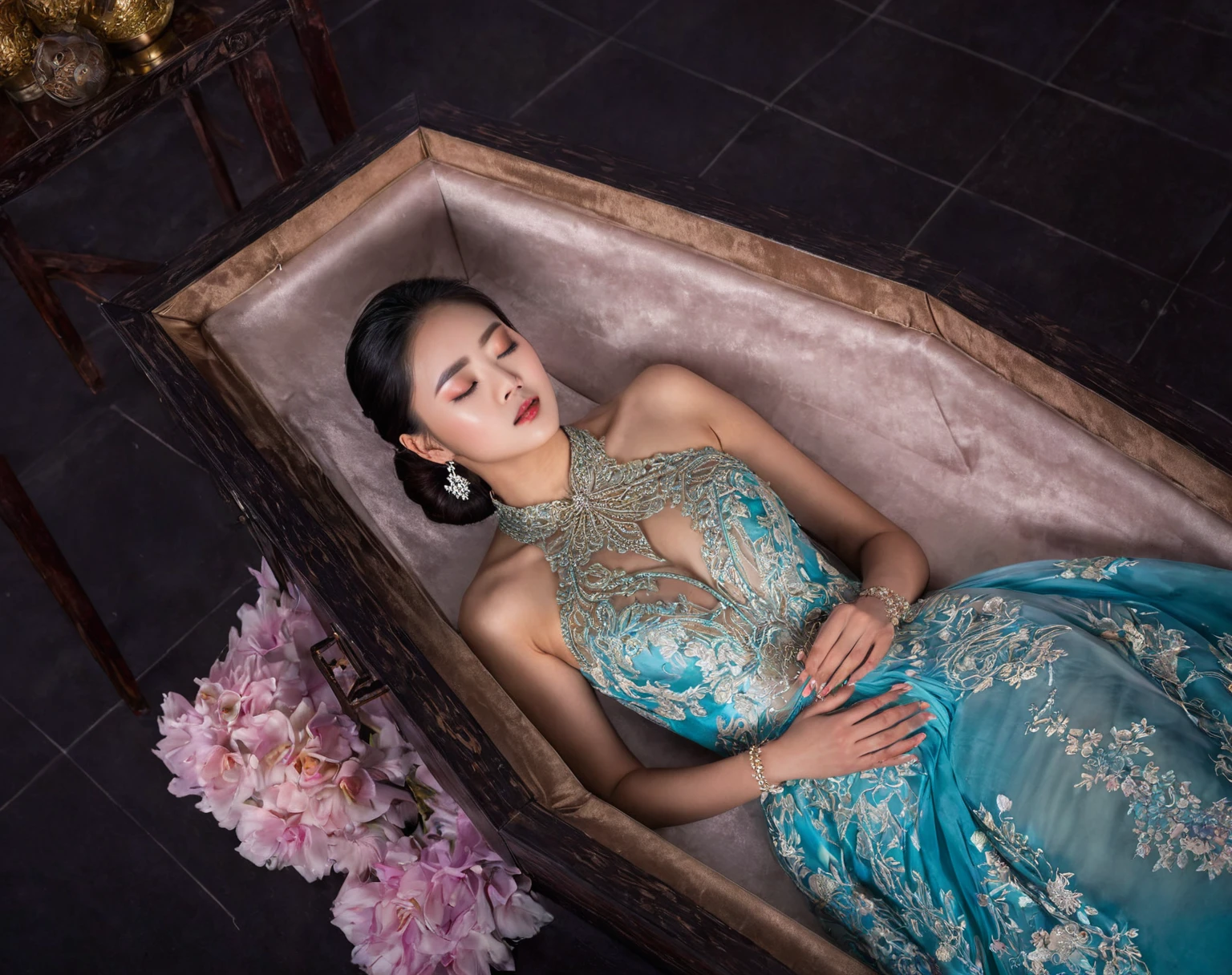 In a striking 8K HDR scene, a stunning Korean woman, 22 years old, lies peacefully in a black coffin surrounded by plush pillows. The deep box is set against a rich black background, accentuating the beauty of the subject. Her exquisite deep-V neckline kebaya attire is embroidered with superb detail, showcasing her round and firm breasts, perfect cleavage, and beautiful eyebrows. Her closed eyes and mouth give an air of serenity, while her visible and absolute cleavage leave nothing to imagination. The scene is bathed in saturated colors, highlighting every intricate aspect from the ball skirt to her clean face, straight body, detailed hand perfect hands, straight body, own hands together, own hand on stomach, detailed hands, perfect hands, closed mouth.