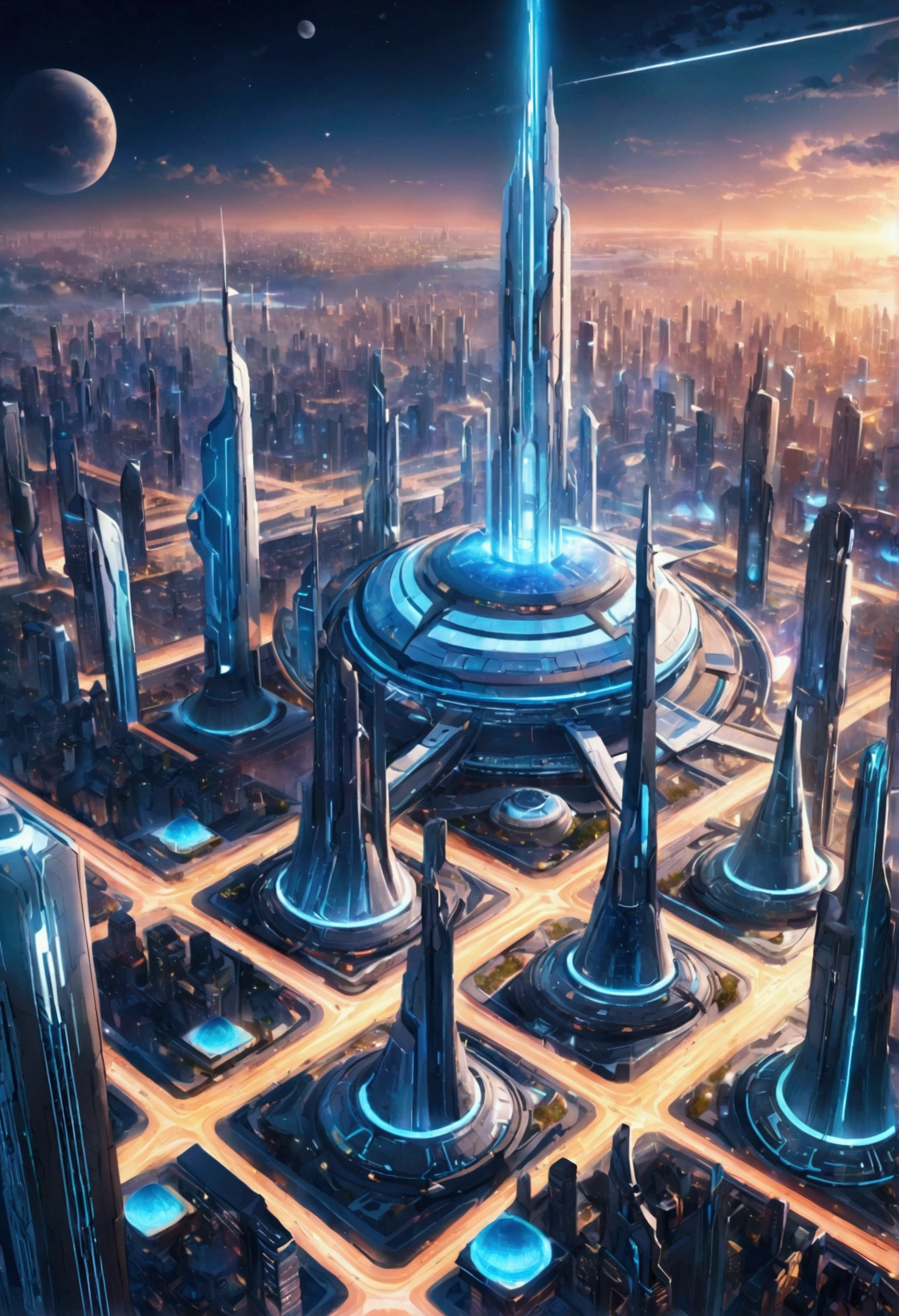 High resolution, Detailed depiction of a futuristic city