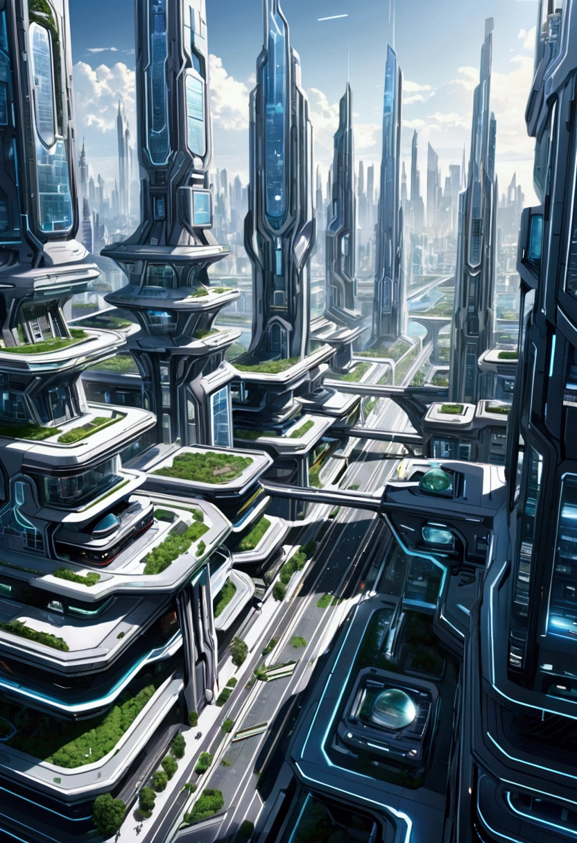 High resolution, Detailed depiction of a futuristic city