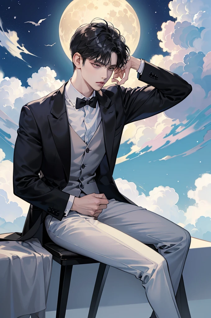 (best quality、8k,absurd,Top Rated,portrait,Short hair, 매우 Short hair,piercing、Beautiful Men、dark fantasy、Birthday background based on black、He is sitting in a suit with a white shirt and black jacket、moon, cloud, The character&#39;s face is close up