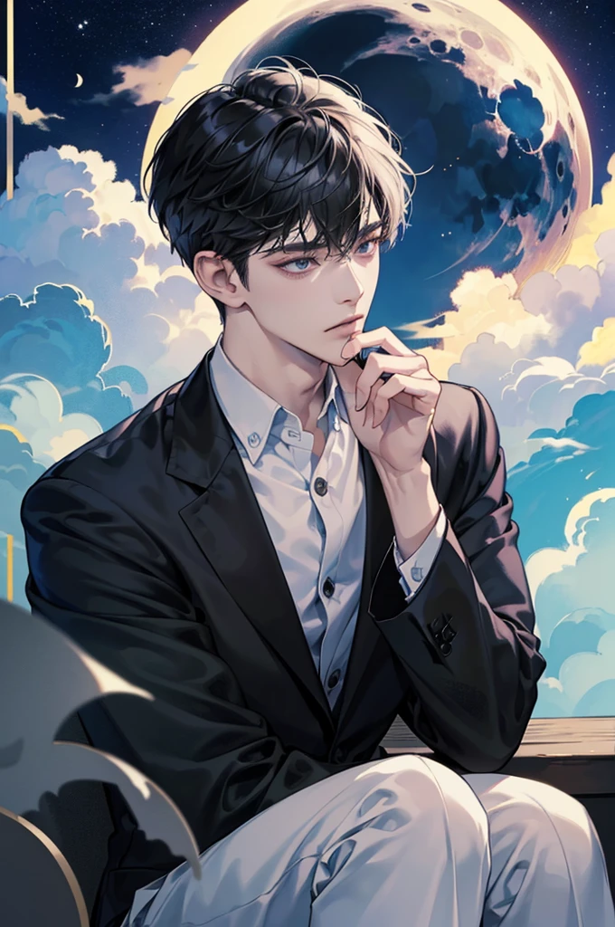 (best quality、8k,absurd,Top Rated,portrait,Short hair, 매우 Short hair,piercing、Beautiful Men、dark fantasy、Birthday background based on black、He is sitting in a suit with a white shirt and black jacket、moon, cloud, The character's face is close up