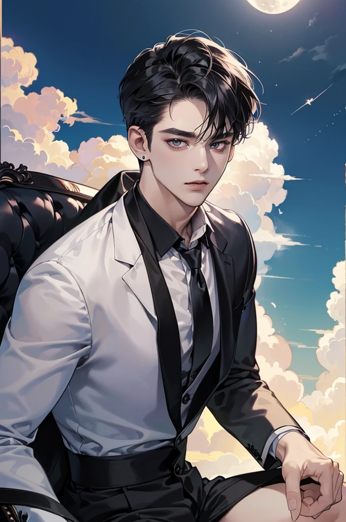 (best quality、8k,absurd,Top Rated,portrait,Short hair, 매우 Short hair,piercing、Beautiful Men、dark fantasy、Birthday background based on black、He is sitting in a suit with a white shirt and black jacket、moon, cloud, The character's face is close up