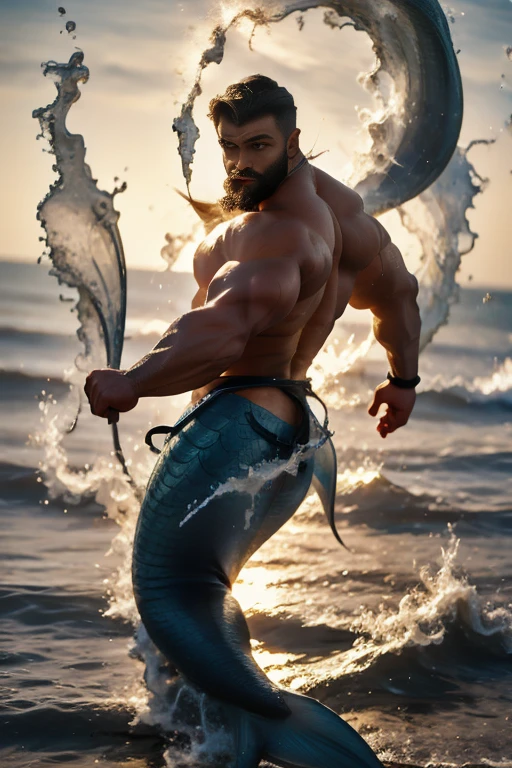 muscle male mermaid, merman, muscles, male bodybuilder, blue mermaid tails, short beard, black hair, jumping from water, water twister, rocks, wallpaper