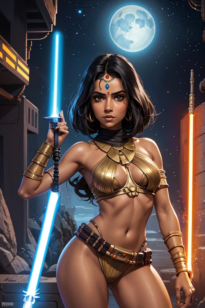 A portrait of a Indian (Jedi) sexy naked Starwars woman from Tatooine, She holds a lightsaber in her hand, showcasing her unique cultural attire. She has rich, lighrt skin and black hair, (SiFi Star wars) creating high quality image. We see ful body